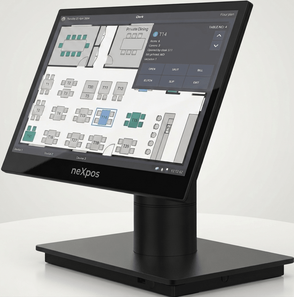 ICRTouch TouchPoint visual restaurant floor plan showing table status across dining areas
